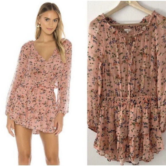 LoveShackFancy Popover Dress in Sunset Pink Floral Ruffle Skirt Women’s Large L